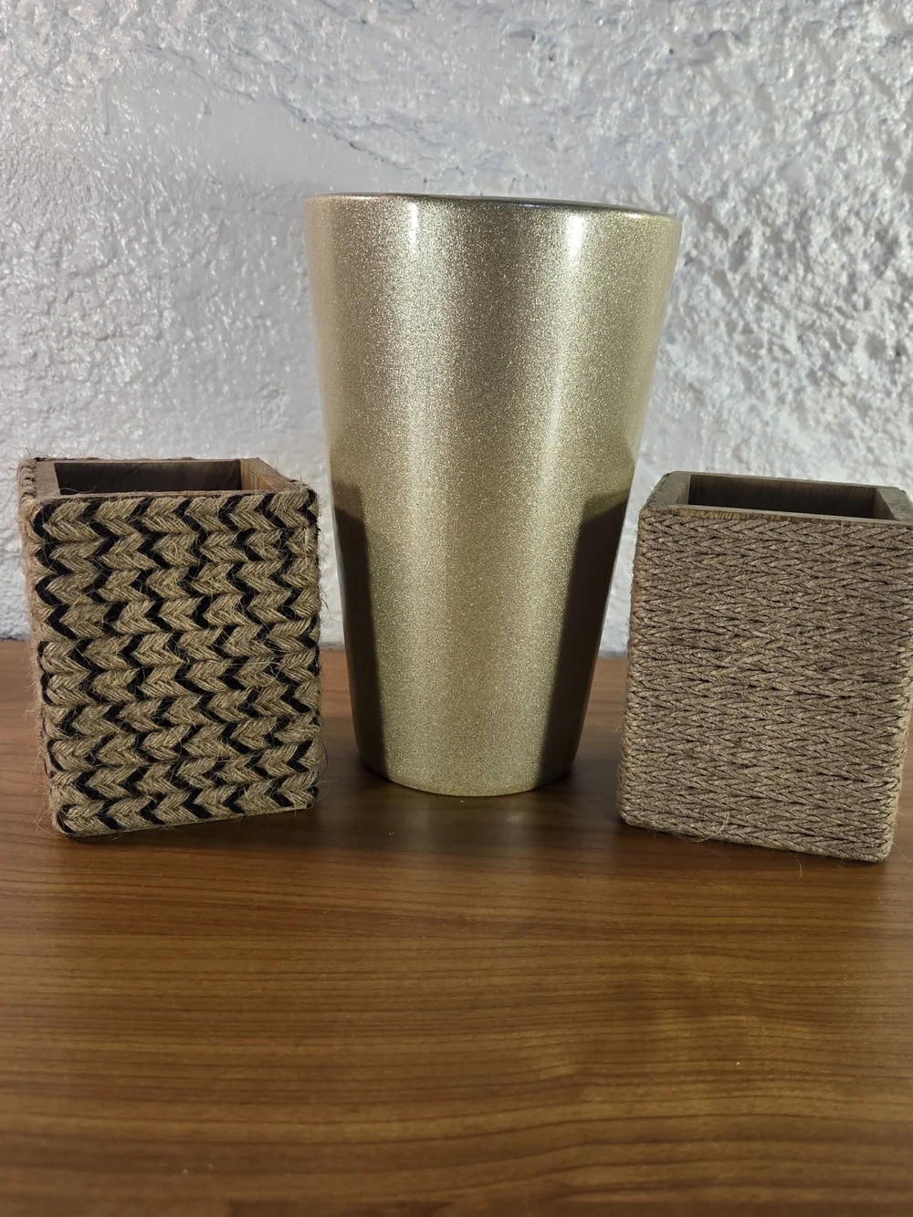 Boho Desk Organizer Set - 3pc Glossy Gold Vase & Burlap Wrapped Pencil Holders